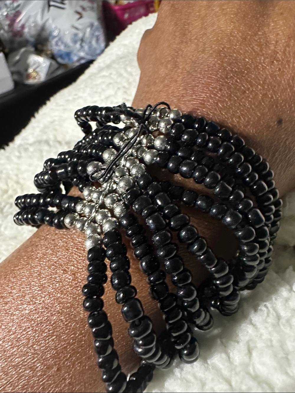 Black & Silver Multi-Strand Beaded Wrap Bracelet - Women’s Fashion-stretchy